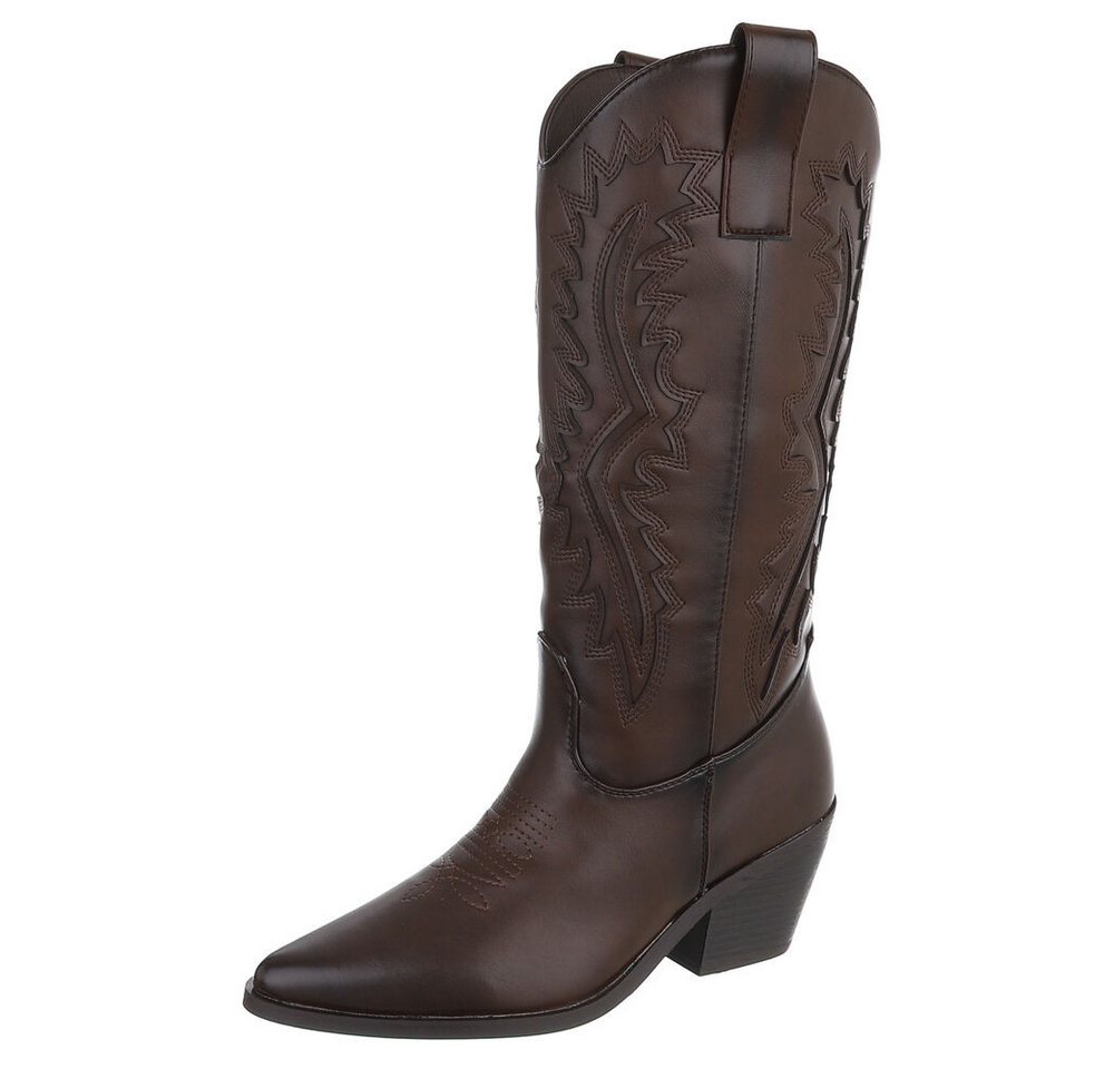 Ital-Design Damen Westernstiefel mit Blockabsatz und Ziernähten Westernstiefel (92002526) Blockabsatz Stiefel in Braun