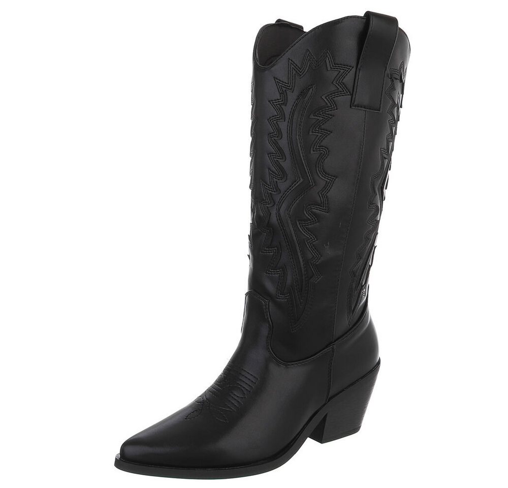 Ital-Design Damen Westernstiefel mit Blockabsatz und Ziernähten Westernstiefel (92002532) Blockabsatz Stiefel in Schwarz
