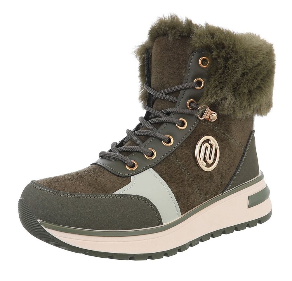 Ital-Design Damen Winterboots mit Futter und modischem Design Schnürstiefelette (90417767) Keilabsatz/Wedge Stiefeletten in Grün