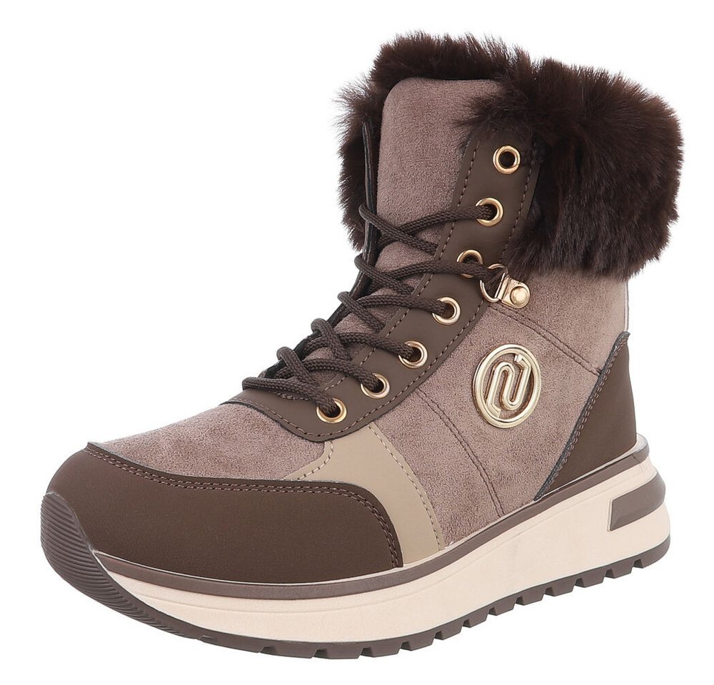 Ital-Design Damen Winterboots mit Futter und modischem Design Schnürstiefelette (90417769) Keilabsatz/Wedge Stiefeletten in Braun