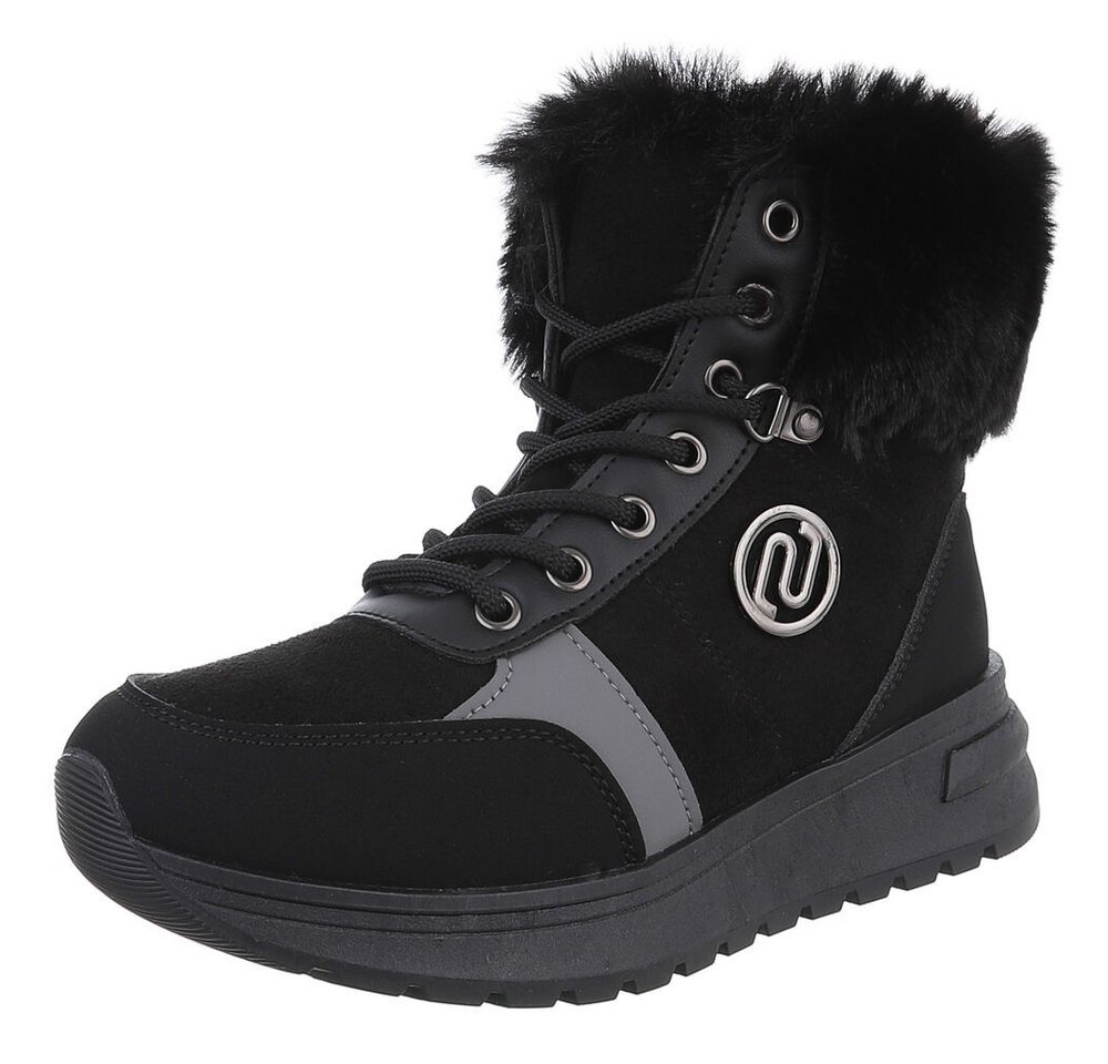 Ital-Design Damen Winterboots mit Futter und modischem Design Schnürstiefelette (90417774) Keilabsatz/Wedge Stiefeletten in Schwarz