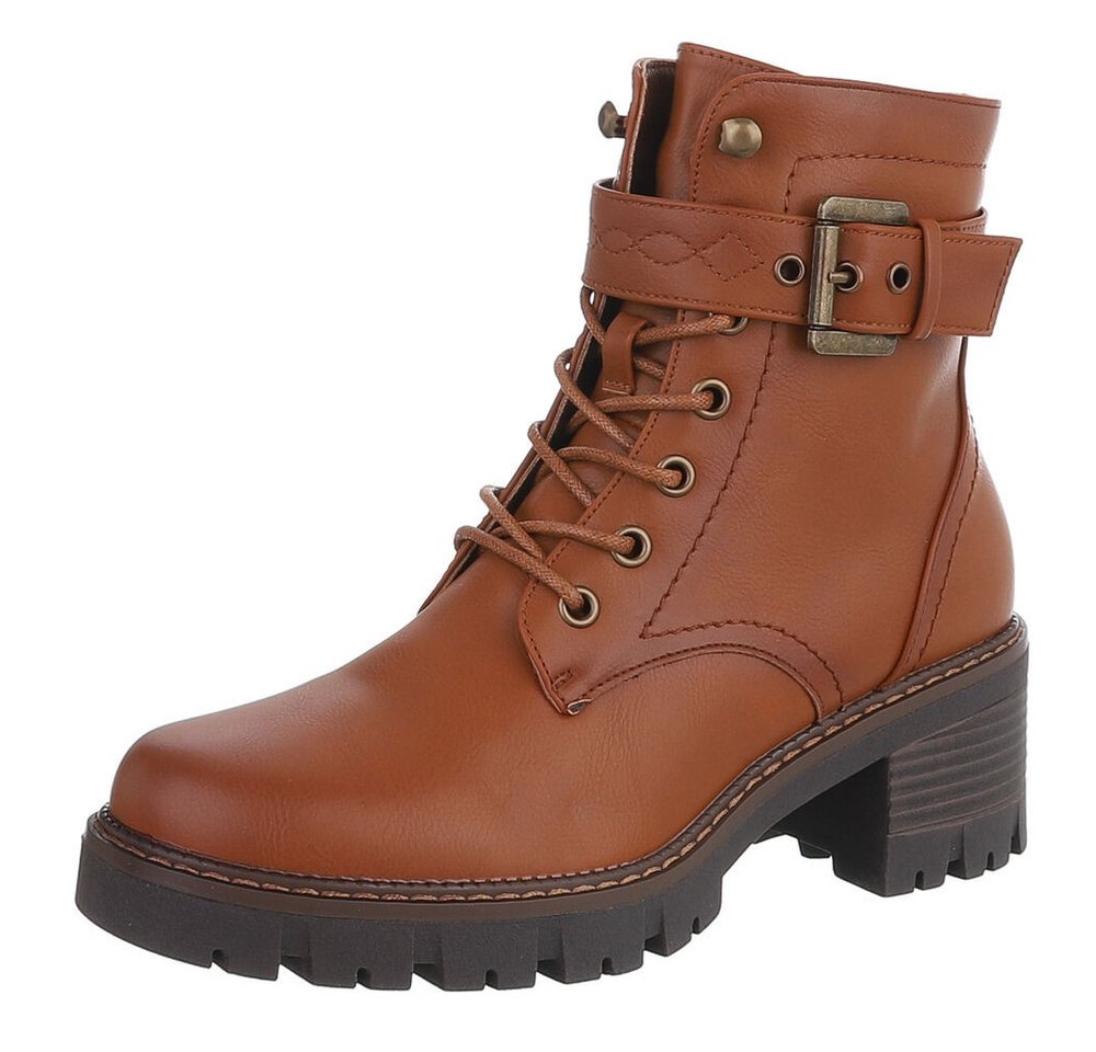 Ital-Design Damenstiefel mit Blockabsatz und Schnürverschluss Schnürstiefelette (90598647) Blockabsatz Stiefeletten in Camel