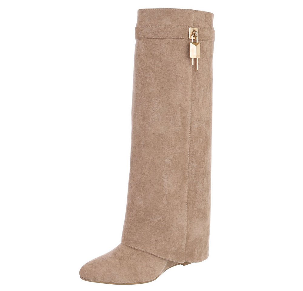 Ital-Design Damenstiefel mit hohem Schaft und Schmuckdetail Keilstiefel (92125455) Keilabsatz/Wedge Stiefel in Hellbraun