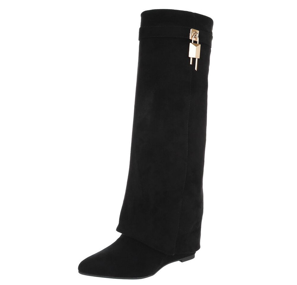 Ital-Design Damenstiefel mit hohem Schaft und Schmuckdetail Keilstiefel (92125470) Keilabsatz/Wedge Stiefel in Schwarz
