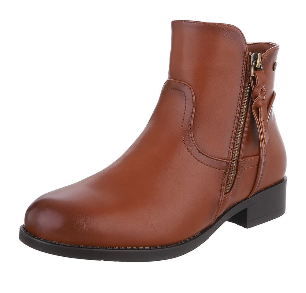 Ital-Design Elegante Ankle-Boots mit Reißverschluss für Damen Stiefelette (90514827) Blockabsatz Flache Stiefeletten in Camel