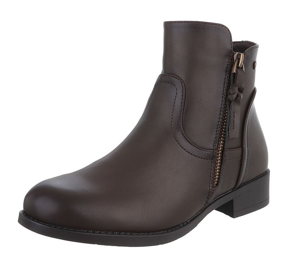 Ital-Design Elegante Ankle-Boots mit Reißverschluss für Damen Stiefelette (90514834) Blockabsatz Flache Stiefeletten in Braun