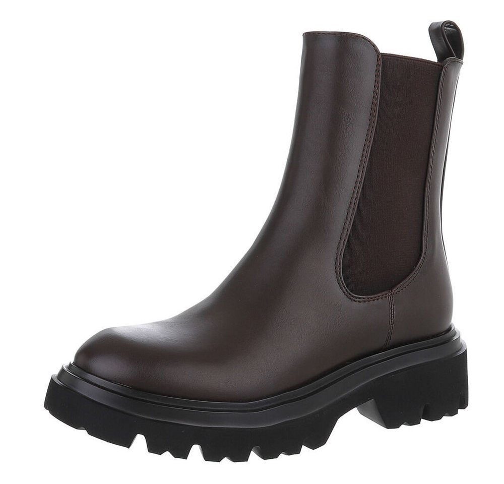 Ital-Design Elegante Chelsea Boots mit rutschfester Sohle für Damen Plateaustiefelette (90109964) Blockabsatz Stiefeletten in Braun
