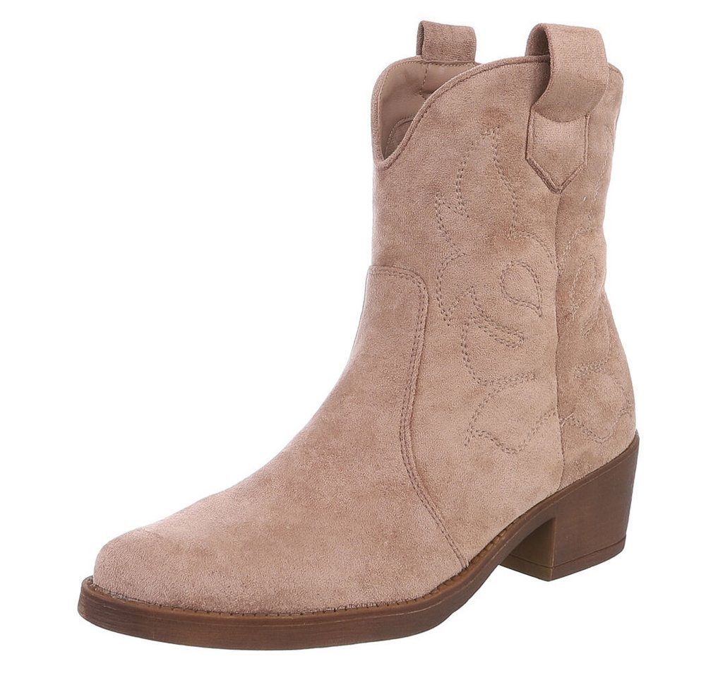 Ital-Design Elegante Cowboy-Stiefel aus Kunstleder mit Blockabsatz Westernstiefelette (89938105) Blockabsatz Stiefeletten in Beige