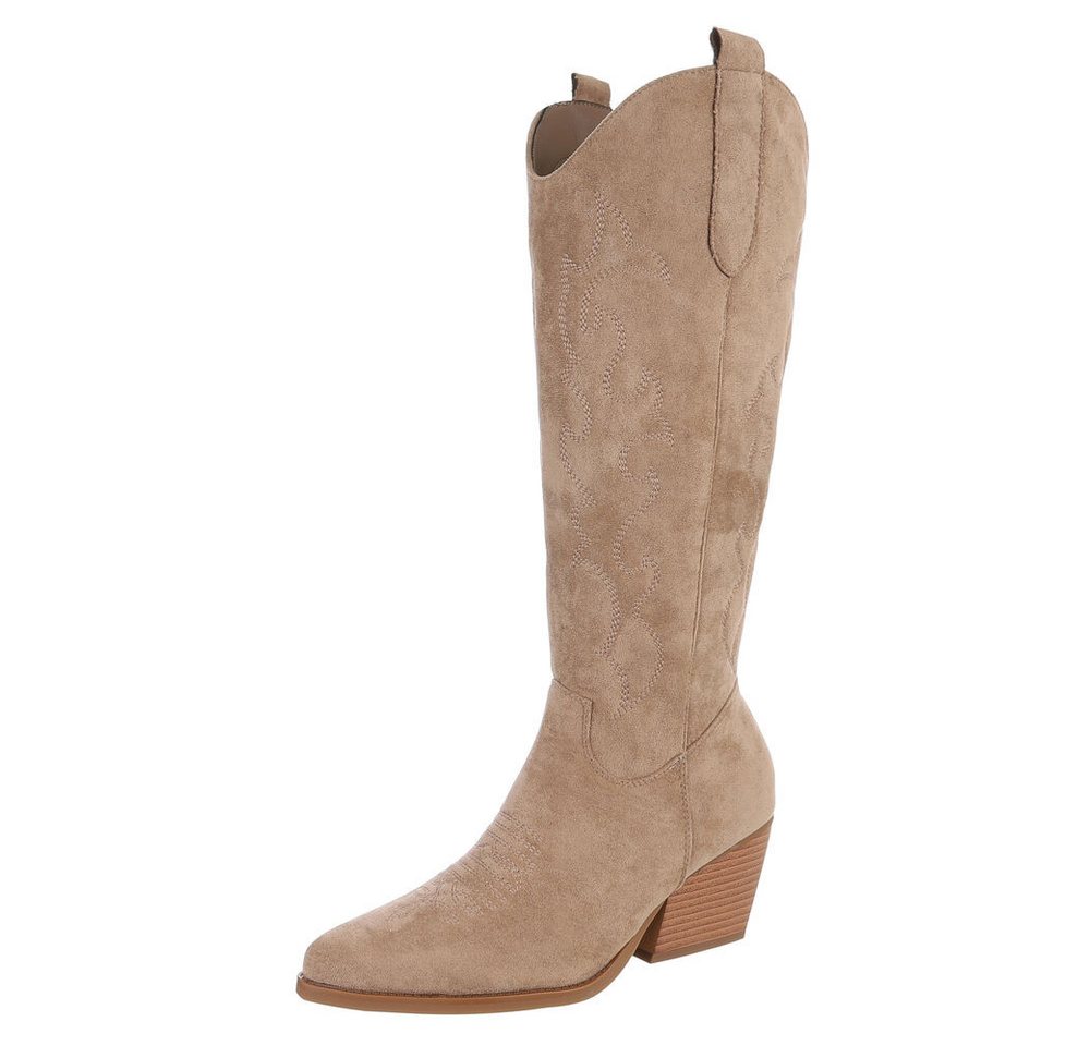 Ital-Design Elegante Cowboy-Stiefel mit Verzierungen für Damen Westernstiefel (90704218) Blockabsatz Stiefel in Hellbraun