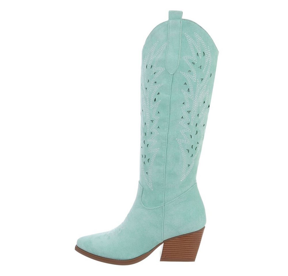 Ital-Design Elegante Damen-Cowboystiefel mit Durchbrüchen und Blockabsatz Westernstiefel (83592553) Blockabsatz Western- & Bikerstiefel in Hellgrün