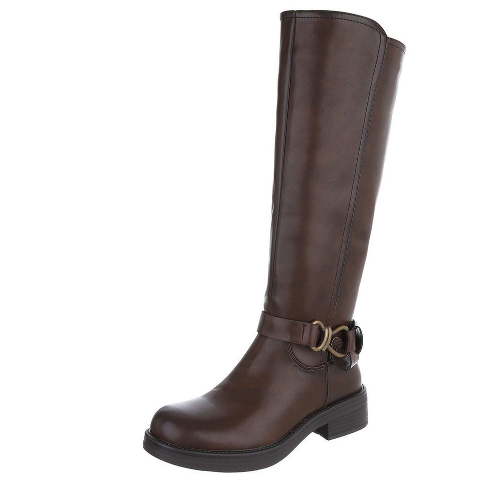 Ital-Design Elegante Damen Longboots mit Komfort und modischen Details Stiefel (90471277) Blockabsatz Flache Stiefel in Braun