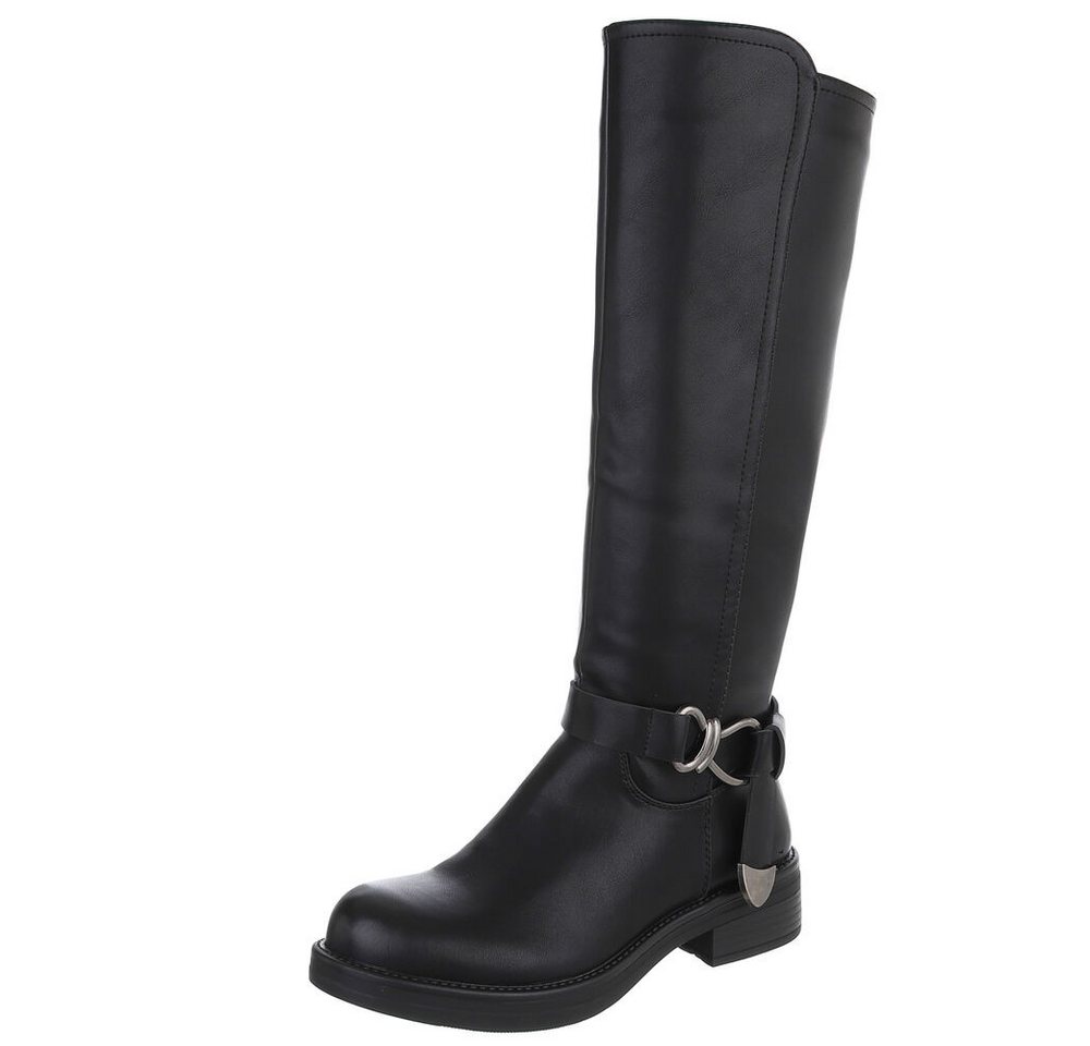 Ital-Design Elegante Damen Longboots mit Komfort und modischen Details Stiefel (90471283) Blockabsatz Flache Stiefel in Schwarz