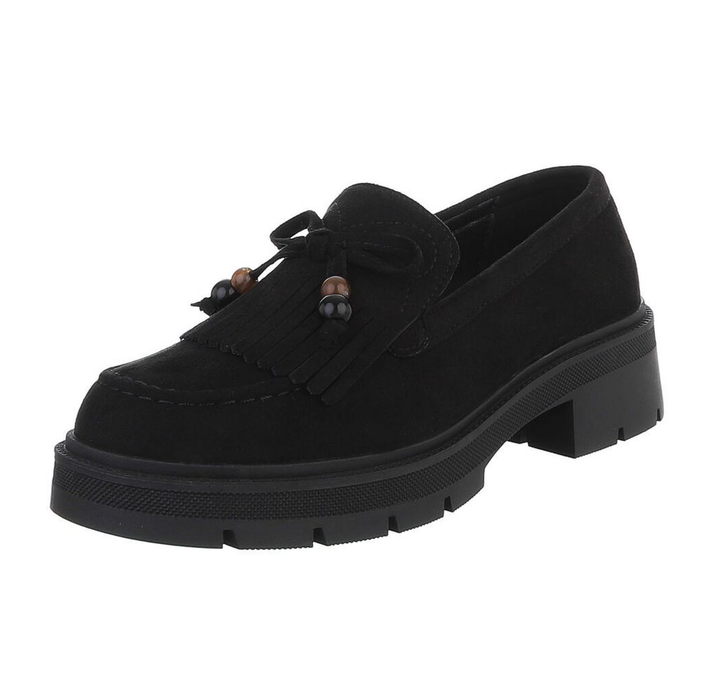Ital-Design Elegante Damen Mokassin mit Fransen und Details Slipper (91154504) Blockabsatz Mokassins in Schwarz