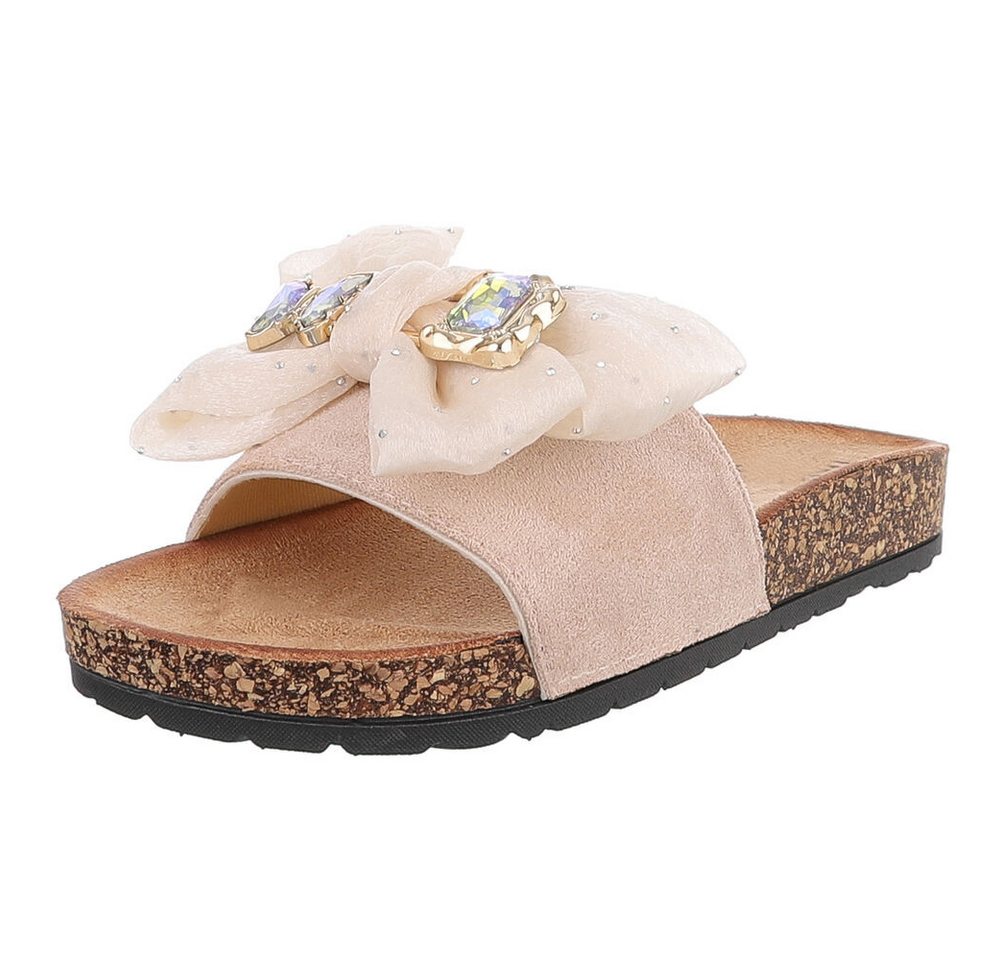 Ital-Design Elegante Damen-Sandalen mit Schleife und Glitzer-Details Pantolette (89542445) Flach Pantoletten in Beige