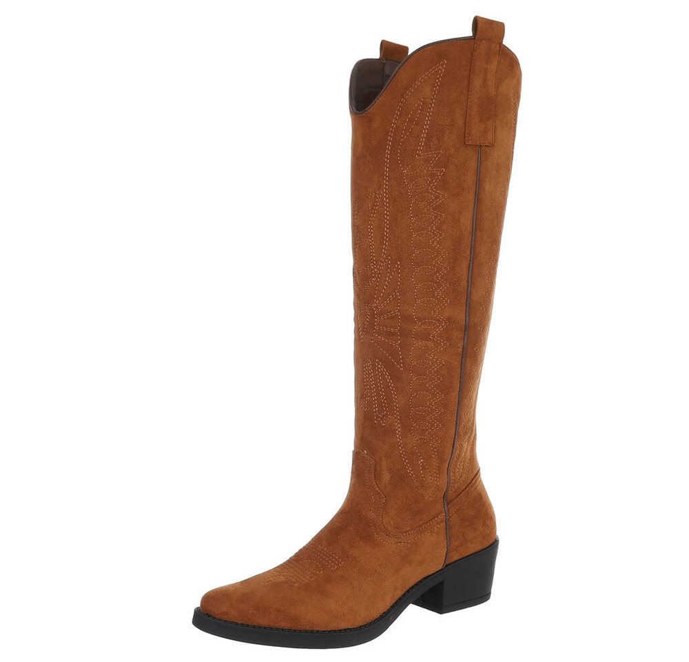 Ital-Design Elegante Damen-Stiefel mit Absatz für Alltag und Freizeit Westernstiefel (65728408) Blockabsatz Stiefel in Camel