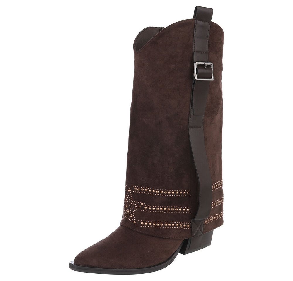 Ital-Design Elegante Damen-Stiefel mit Absatz und hochwertiger Verarbeitung Westernstiefel (90503094) Blockabsatz Stiefel in Braun