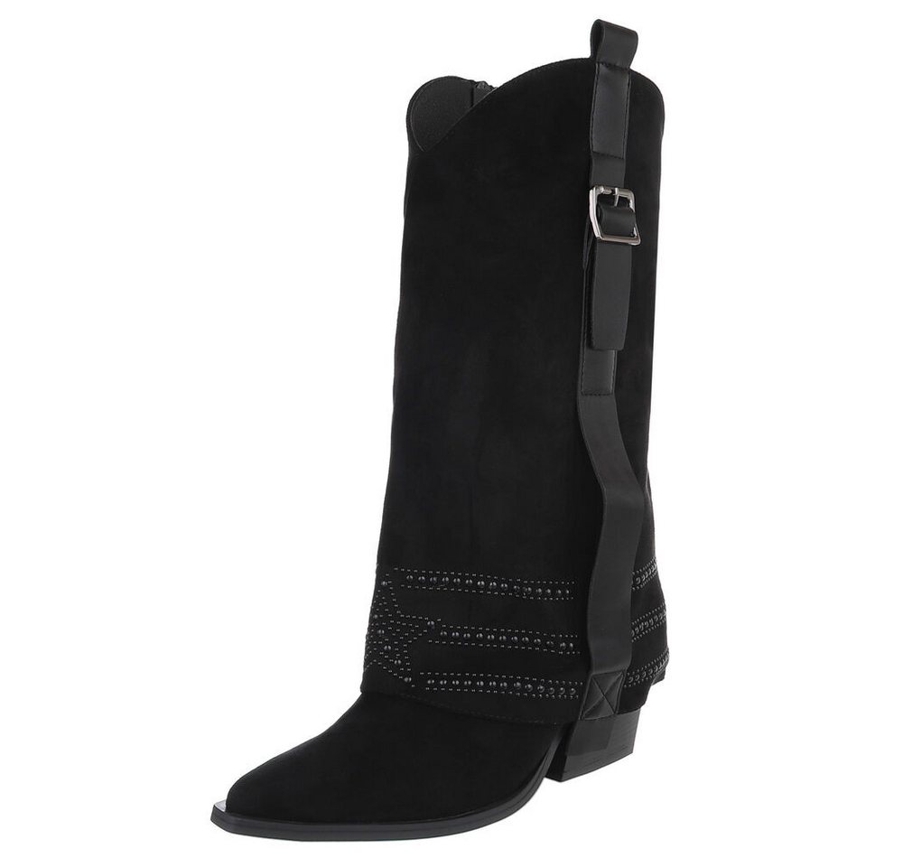 Ital-Design Elegante Damen-Stiefel mit Absatz und hochwertiger Verarbeitung Westernstiefel (90503100) Blockabsatz Stiefel in Schwarz
