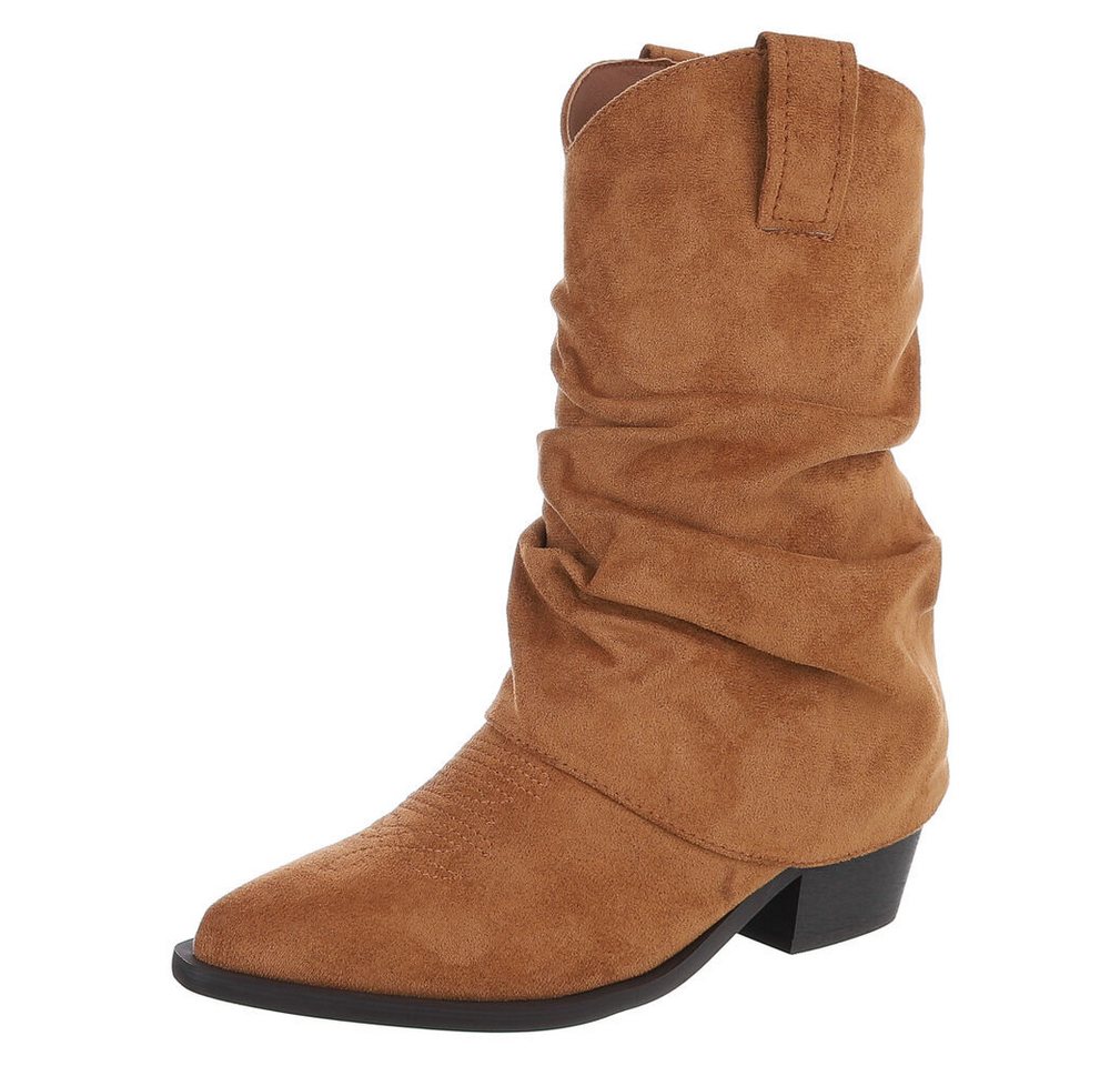 Ital-Design Elegante Damen-Stiefel mit Blockabsatz und einzigartigem Design Westernstiefelette (90827542) Blockabsatz Stiefeletten in Camel
