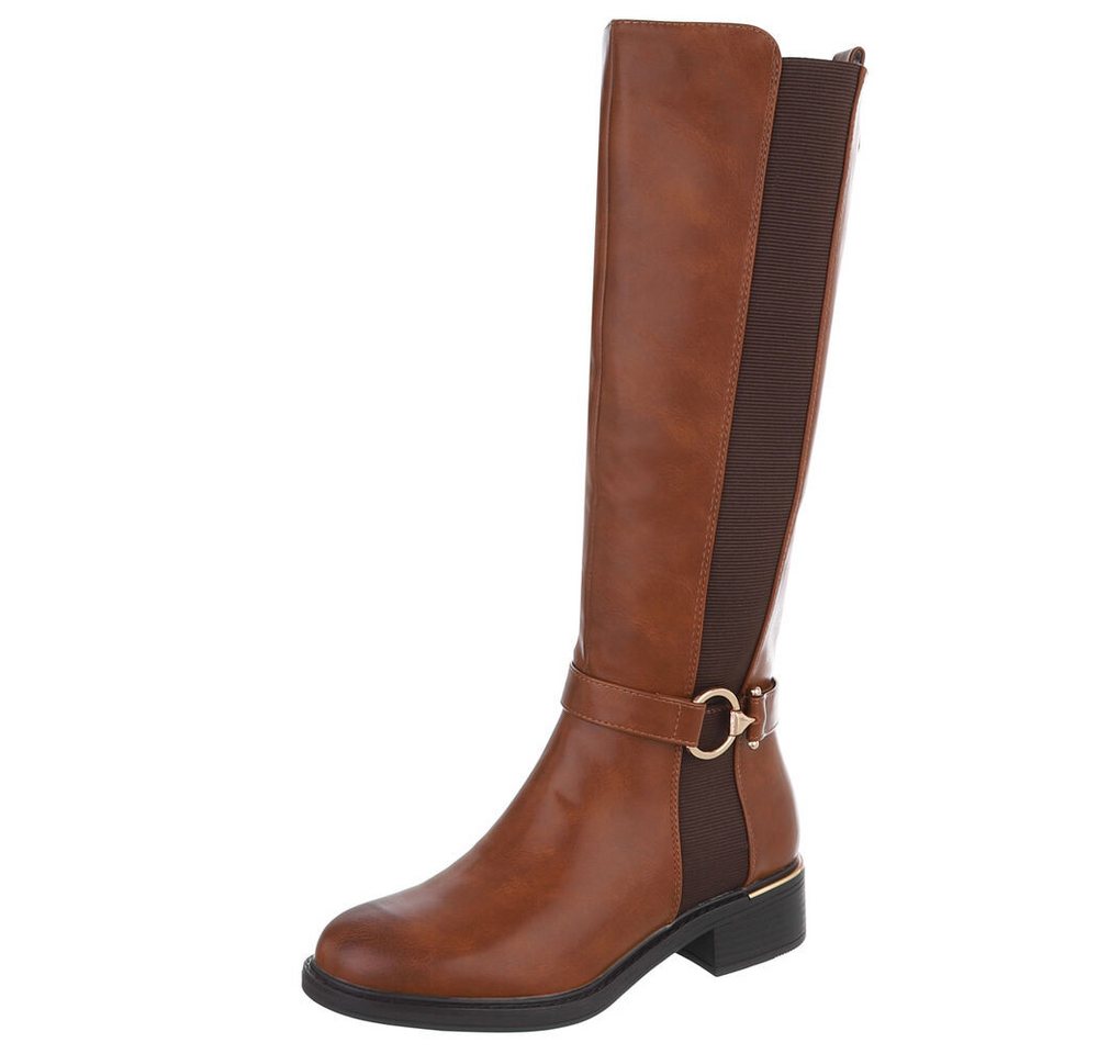 Ital-Design Elegante Damen-Stiefel mit elastischen Einsätzen und Komfort Stiefel (90169456) Blockabsatz Flache Stiefel in Camel