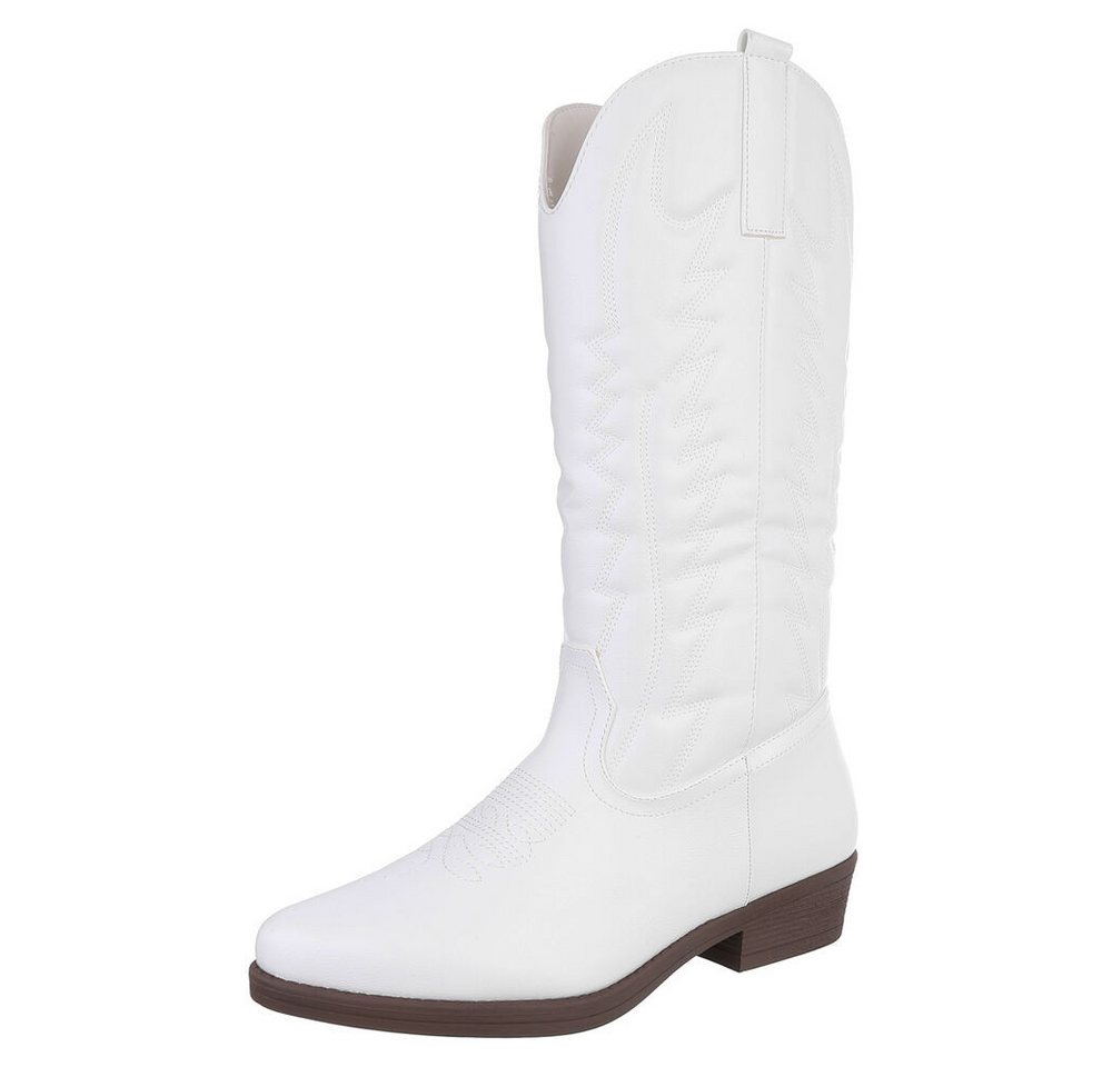 Ital-Design Elegante Damen-Stiefel mit Kunstvollem Design und Komfort Westernstiefel (90482530) Blockabsatz Flache Stiefel in Weiß