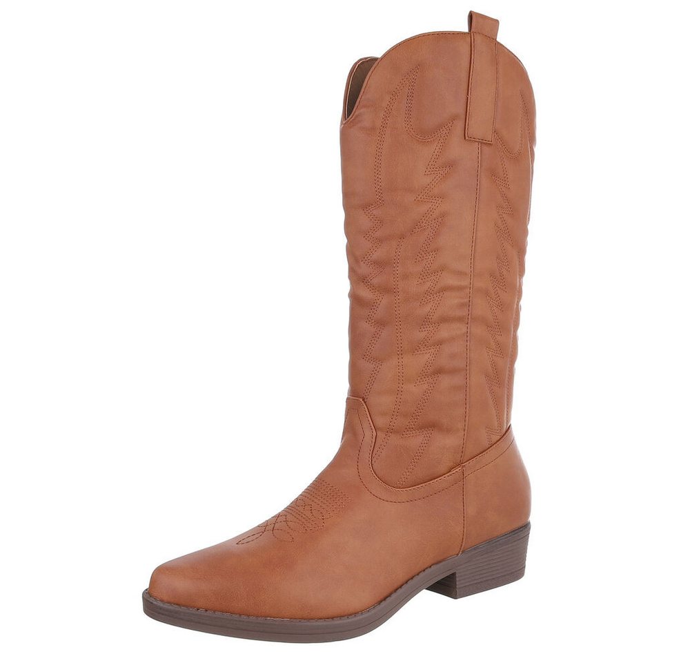 Ital-Design Elegante Damen-Stiefel mit Kunstvollem Design und Komfort Westernstiefel (90482539) Blockabsatz Flache Stiefel in Camel