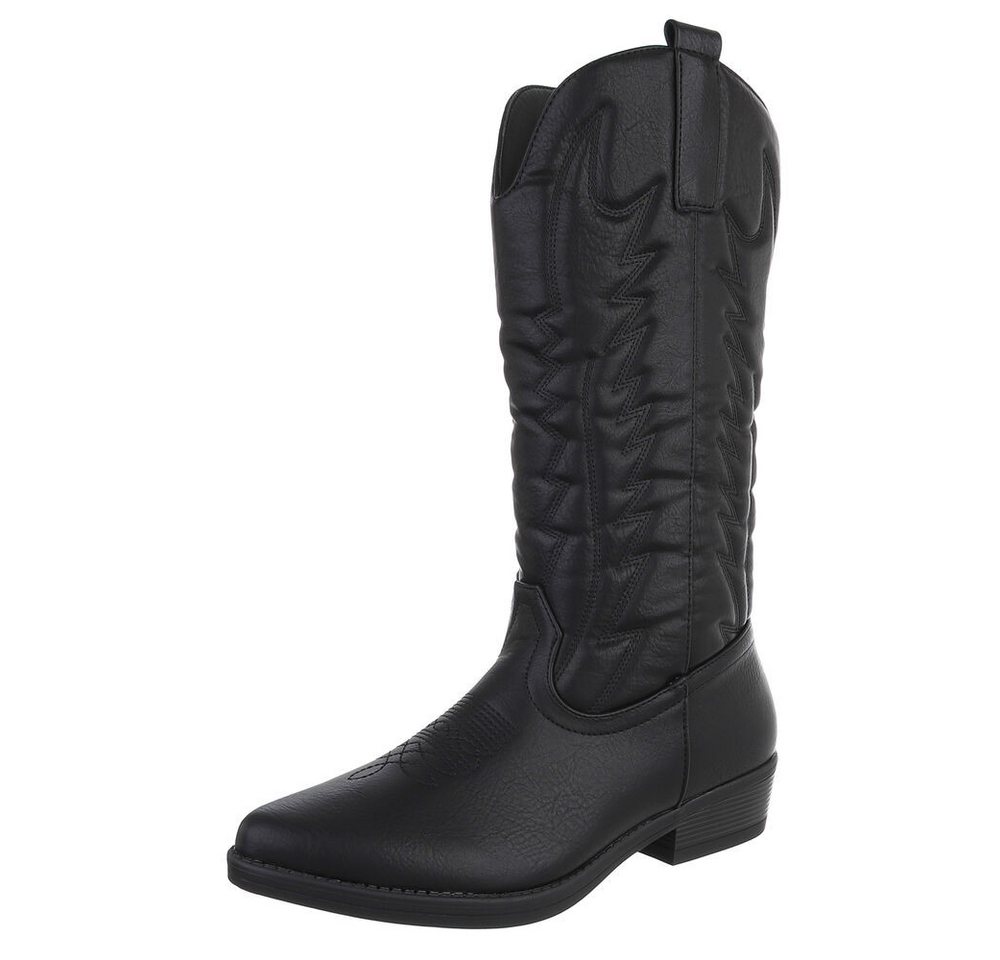 Ital-Design Elegante Damen-Stiefel mit Kunstvollem Design und Komfort Westernstiefel (90482544) Blockabsatz Flache Stiefel in Schwarz