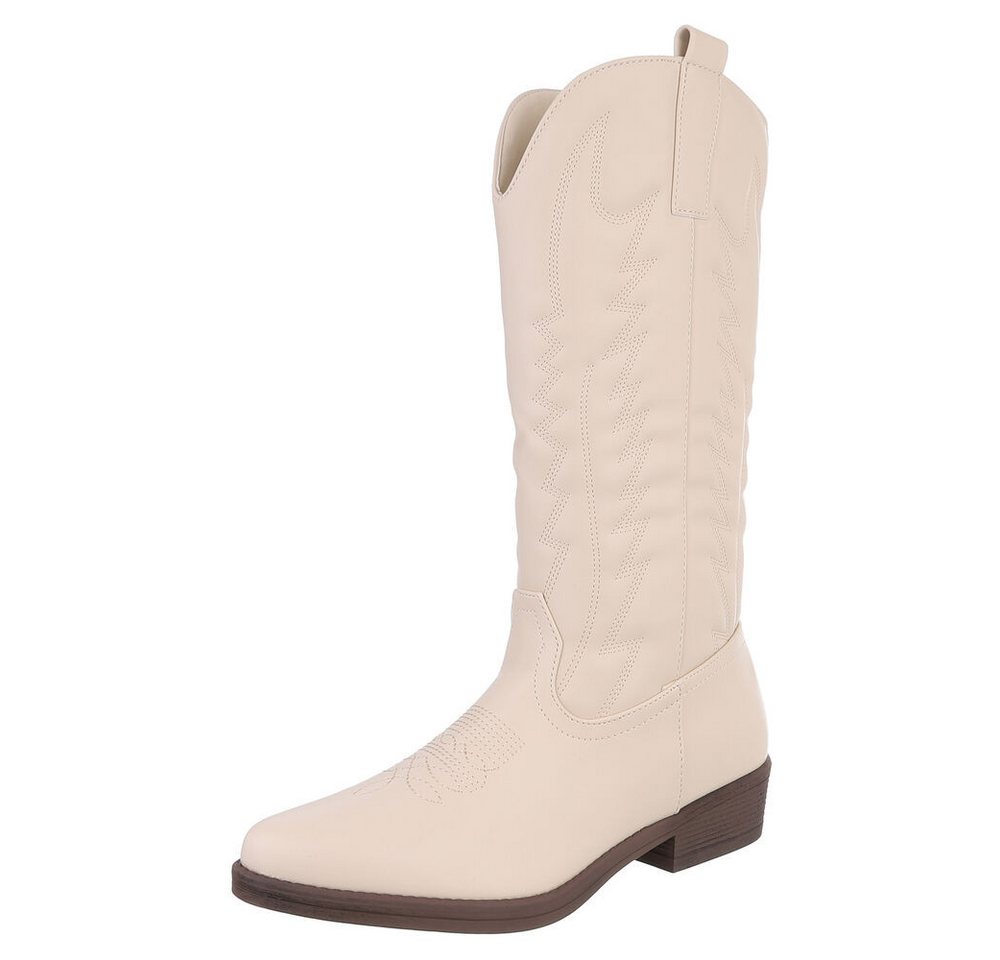 Ital-Design Elegante Damen-Stiefel mit Kunstvollem Design und Komfort Westernstiefel (90482551) Blockabsatz Flache Stiefel in Beige