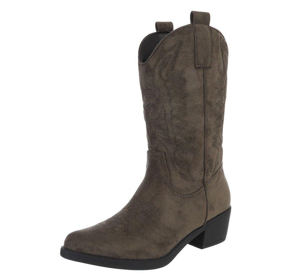 Ital-Design Elegante Damen-Stiefel mit Kunstvollen Details und Absatz Westernstiefel (90793420) Blockabsatz Stiefel in Khaki