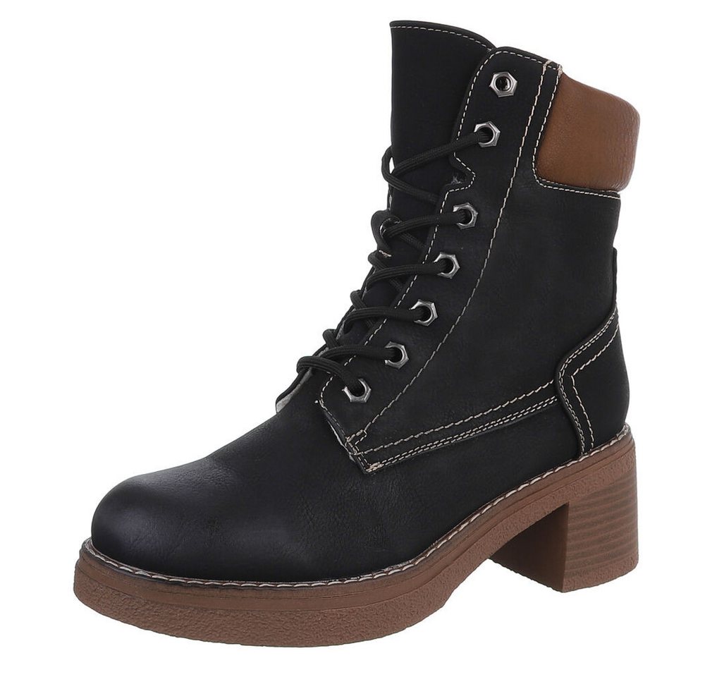 Ital-Design Elegante Damen-Stiefelette mit hochwertigem Material und Komfort Schnürstiefelette (90756004) Blockabsatz Stiefeletten in Schwarz