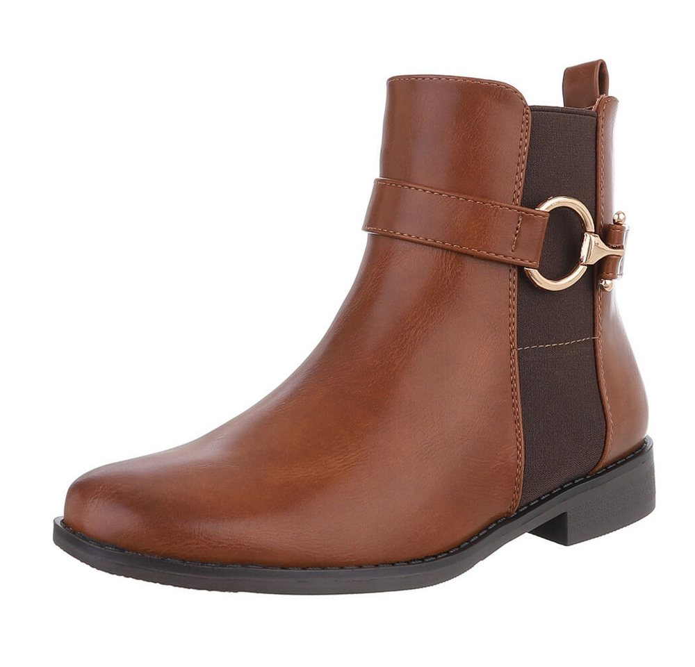 Ital-Design Elegante Damen-Stiefelette mit Schnalle und elastischen Einsätzen Stiefelette (90169390) Blockabsatz Chelsea Boots in Camel