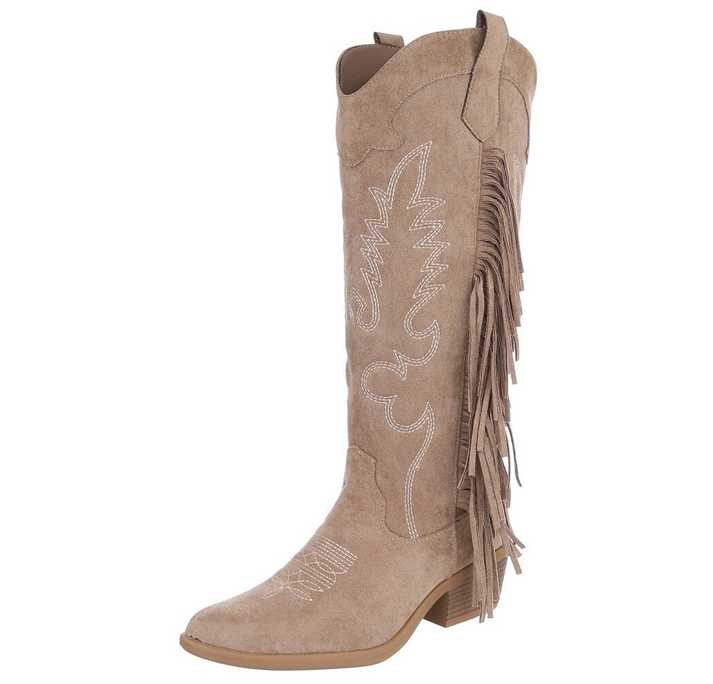Ital-Design Elegante Damenstiefel mit Fransen für Alltag und Freizeit Westernstiefel (90471214) Blockabsatz Stiefel in Hellbraun