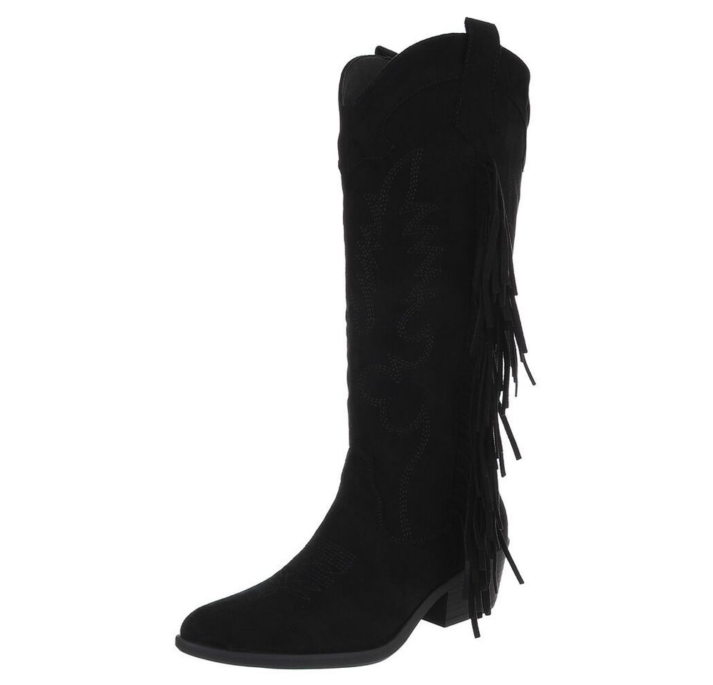 Ital-Design Elegante Damenstiefel mit Fransen für Alltag und Freizeit Westernstiefel (90471230) Blockabsatz Stiefel in Schwarz