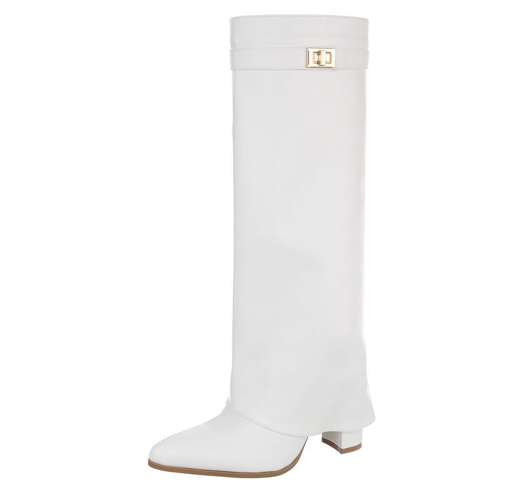 Ital-Design Elegante kniehohe Stiefelette mit Blockabsatz für Damen High-Heel-Stiefel (89852585) Blockabsatz Stiefel in Weiß