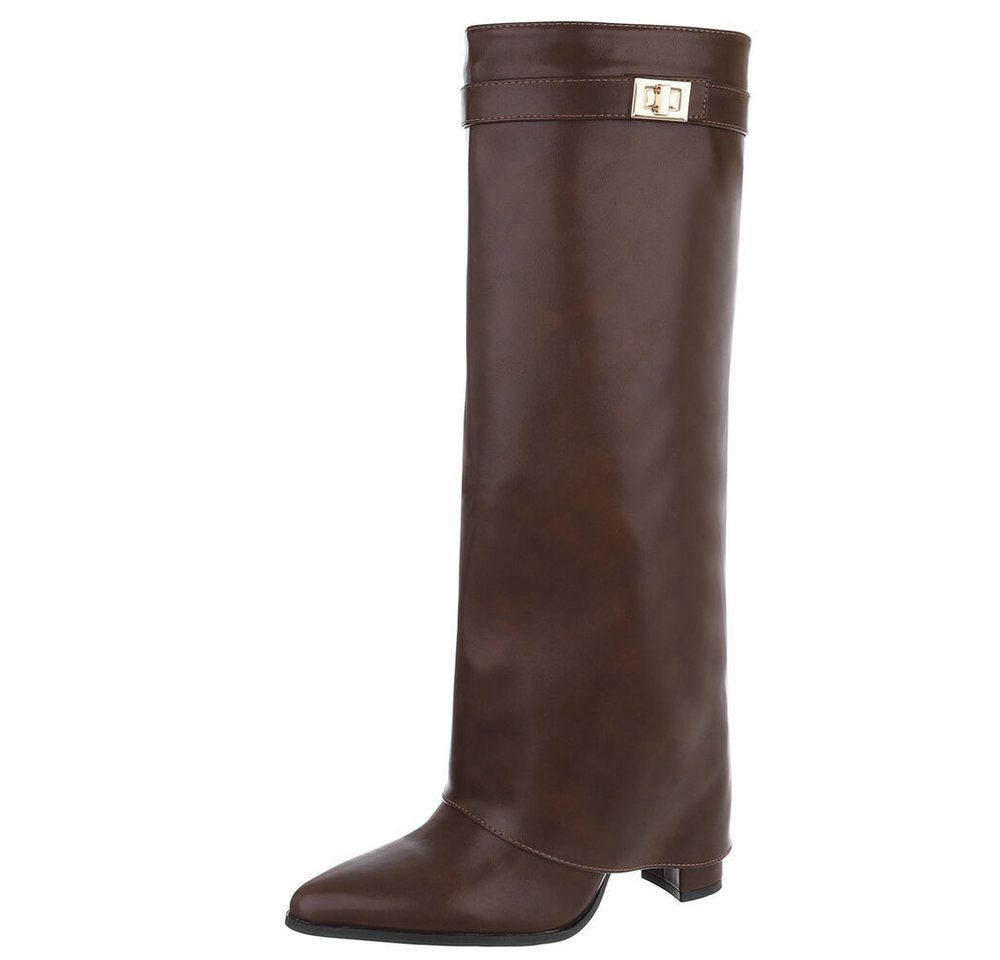 Ital-Design Elegante kniehohe Stiefelette mit Blockabsatz für Damen High-Heel-Stiefel (89852592) Blockabsatz Stiefel in Braun