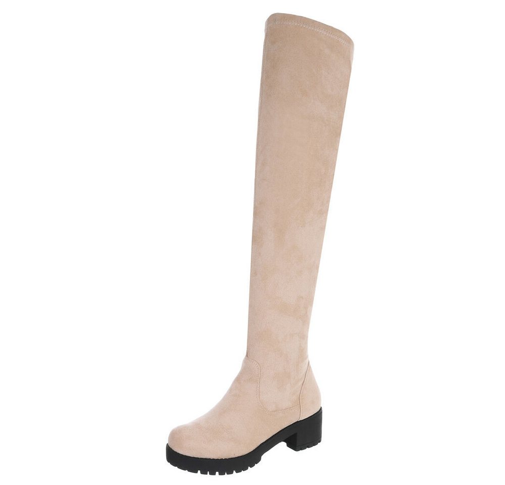 Ital-Design Elegante Overknee-Stiefel für Damen mit rutschfester Sohle Overkneestiefel (90827503) Blockabsatz Stiefel in Beige