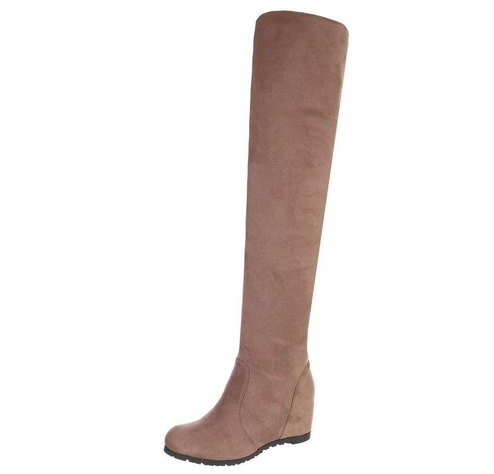 Ital-Design Elegante Overknee-Stiefel mit Wedge für Damen Overkneestiefel (90727042) Keilabsatz/Wedge Stiefel in Beige