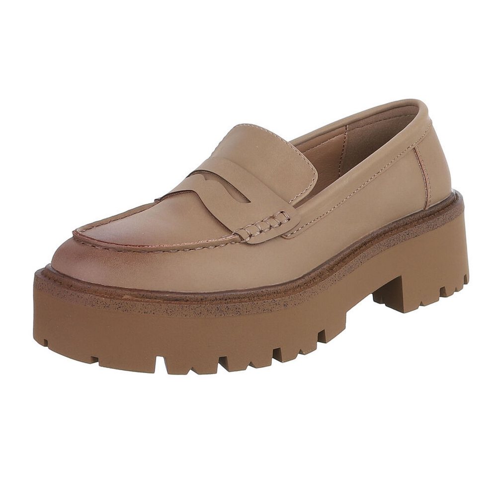 Ital-Design Elegante Plateau-Lederloafers für Damen im Alltag Slipper (91261542) Blockabsatz Mokassins in Hellbraun