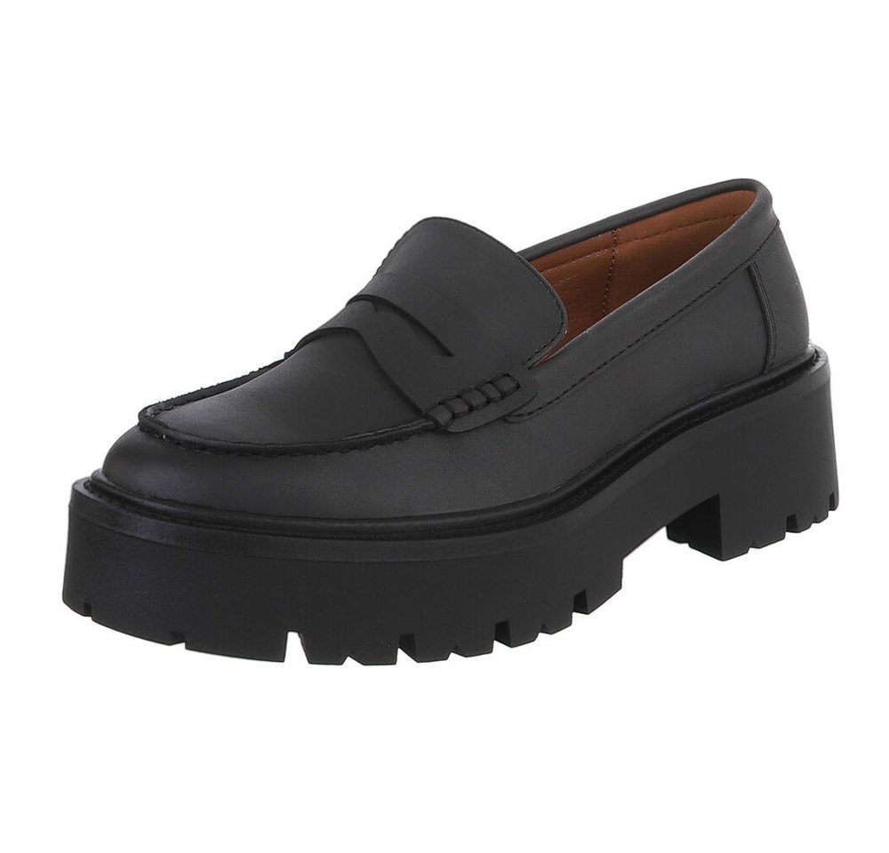 Ital-Design Elegante Plateau-Lederloafers für Damen im Alltag Slipper (91261554) Blockabsatz Mokassins in Schwarz