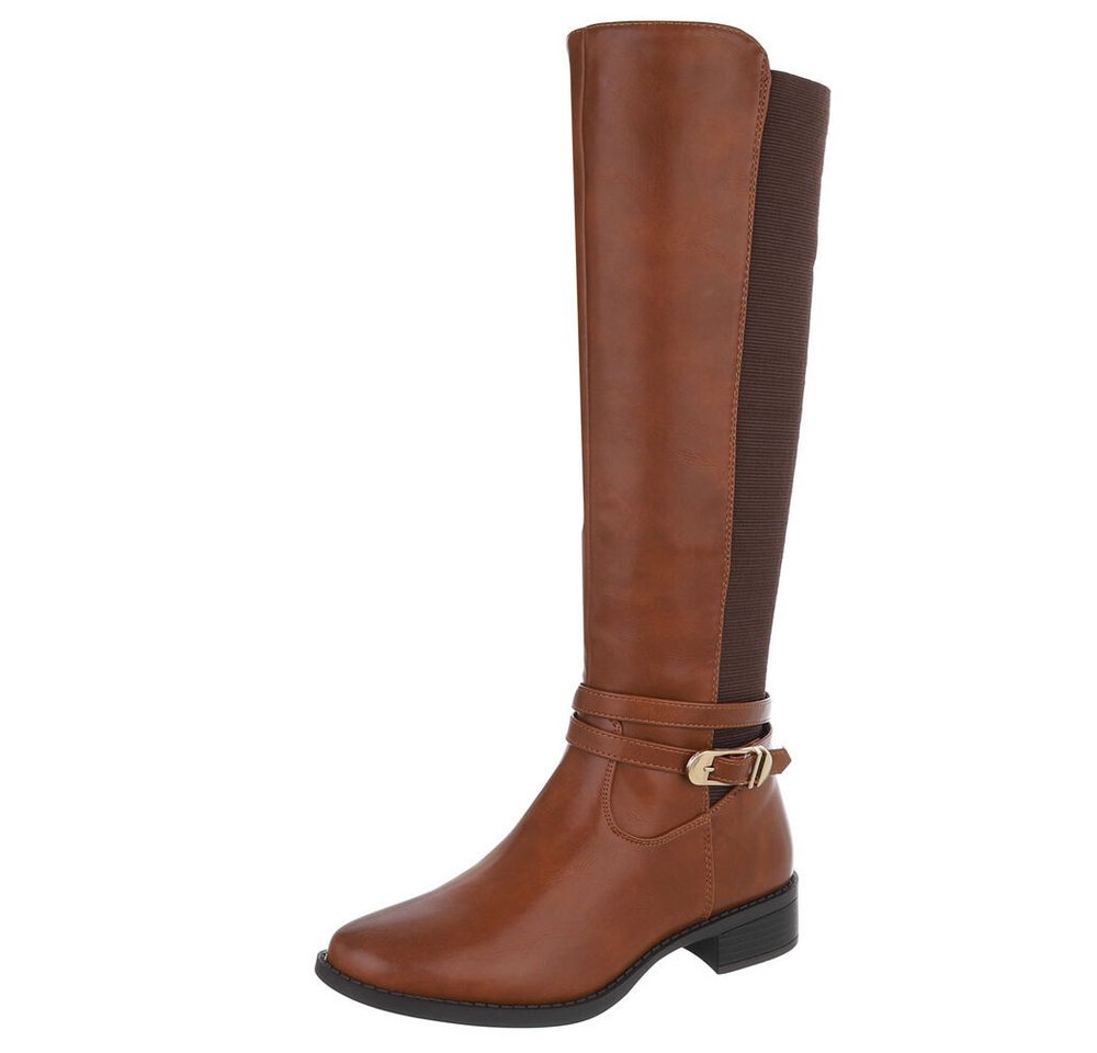 Ital-Design Elegante Stiefel für Damen mit hoher Passform und Schnalle Stiefel (90169477) Blockabsatz Flache Stiefel in Camel