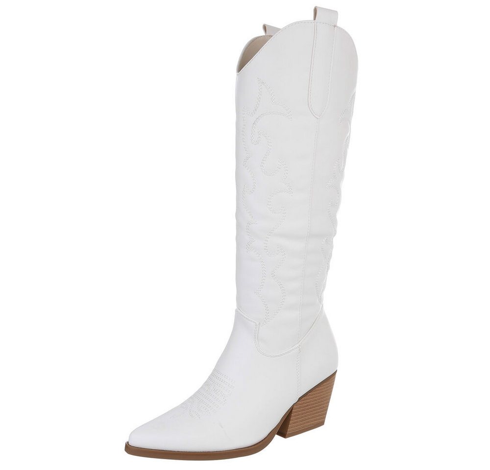 Ital-Design Elegante Stiefeletten mit hohem Absatz für Damen Westernstiefel (90153153) Blockabsatz Stiefel in Weiß