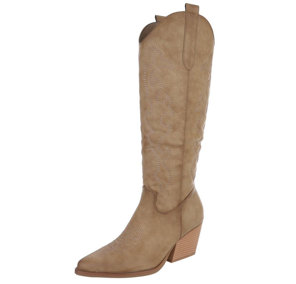 Ital-Design Elegante Stiefeletten mit hohem Absatz für Damen Westernstiefel (90153158) Blockabsatz Stiefel in Hellbraun