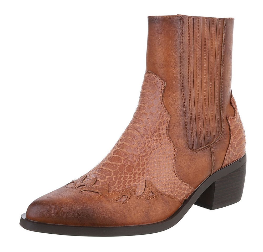 Ital-Design Elegante Stiefeletten mit reptilähnlichem Detail für Damen Westernstiefelette (90152911) Blockabsatz Stiefeletten in Camel