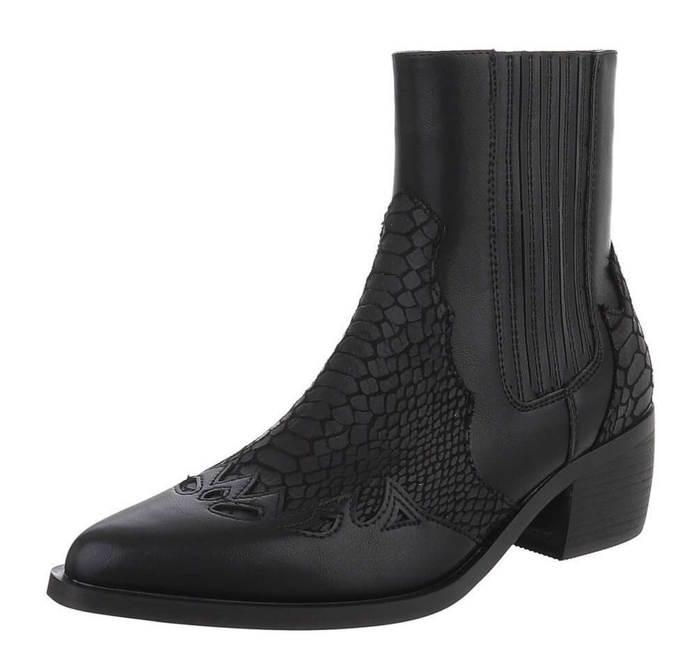 Ital-Design Elegante Stiefeletten mit reptilähnlichem Detail für Damen Westernstiefelette (90152917) Blockabsatz Stiefeletten in Schwarz