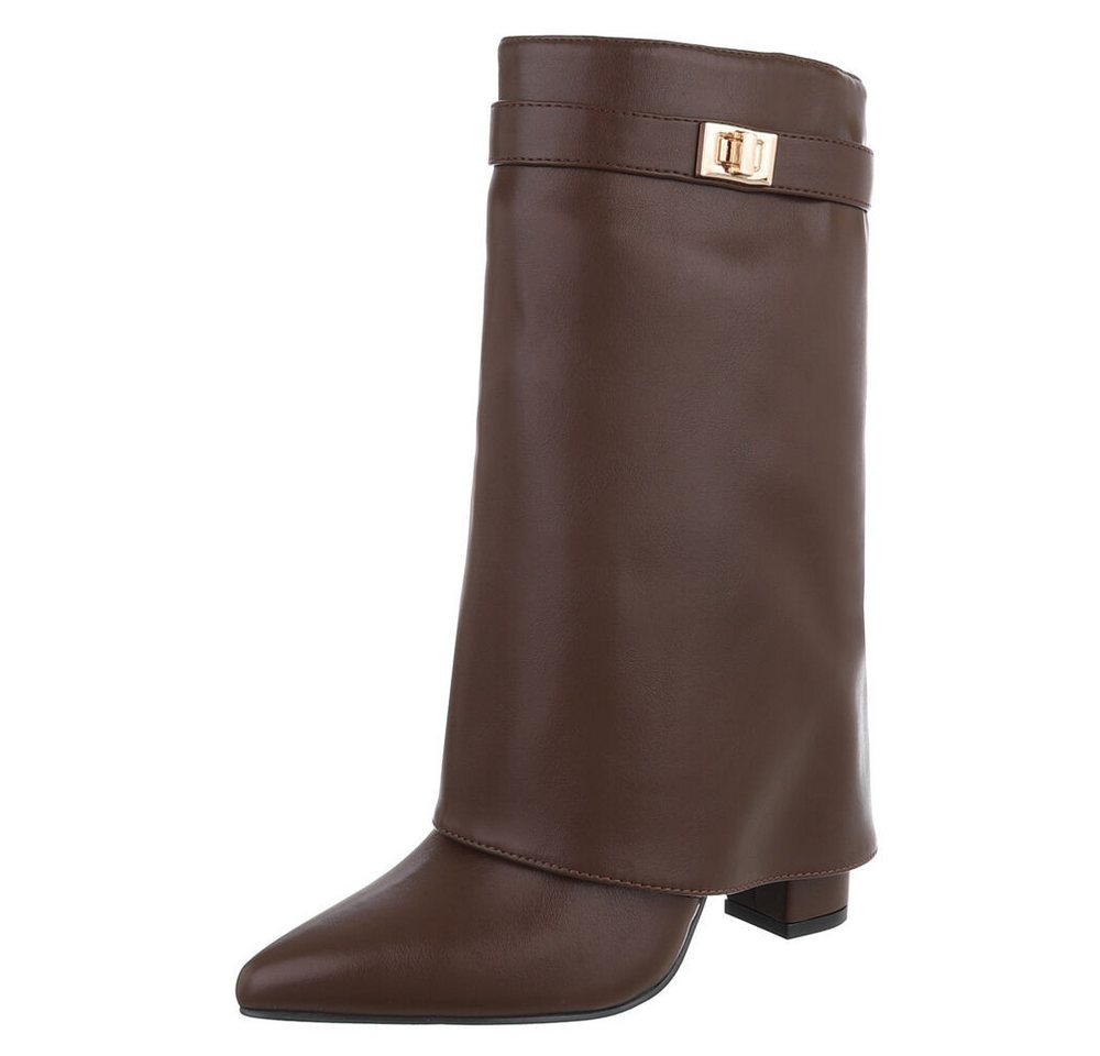 Ital-Design Elegante Stiefeletten mit umgeschlagenem Schaft für Damen High-Heel-Stiefel (90169664) Blockabsatz Stiefel in Braun