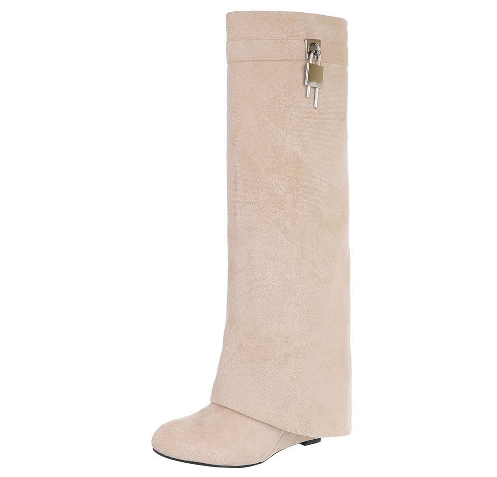 Ital-Design Elegante Überknie-Stiefel mit Komfort und modernem Design Keilstiefel (90458218) Keilabsatz/Wedge Stiefel in Beige