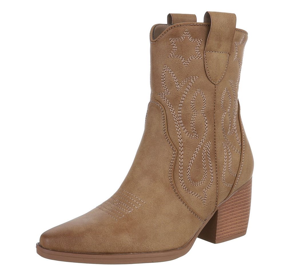 Ital-Design Elegante Westernboots für Damen mit Stickerei und Komfort Westernstiefelette (89937954) Blockabsatz Stiefeletten in Hellbraun