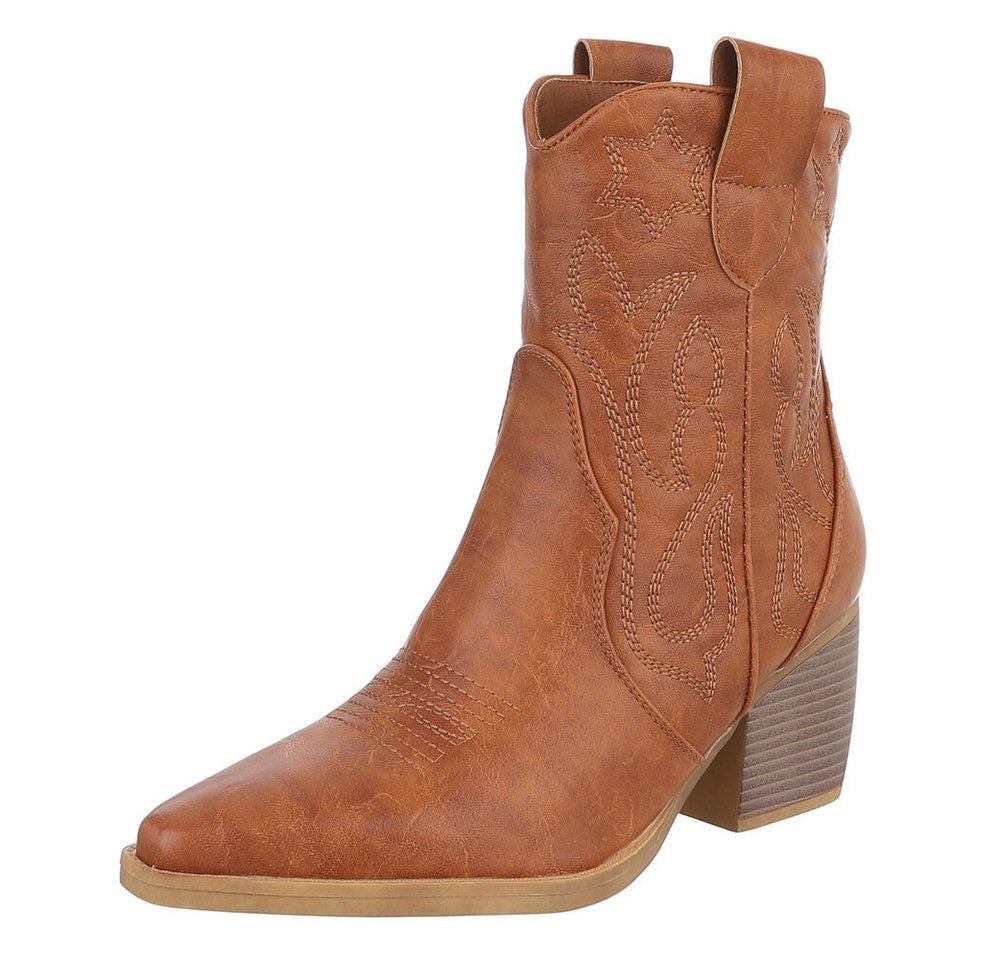 Ital-Design Elegante Westernboots für Damen mit Stickerei und Komfort Westernstiefelette (89937960) Blockabsatz Stiefeletten in Camel