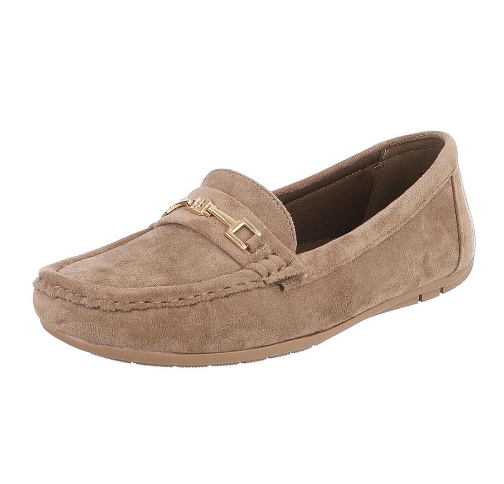 Ital-Design Elegante Wildleder Slipper mit Goldakzent für Damen Slipper (91261048) Flach Mokassins in Hellbraun