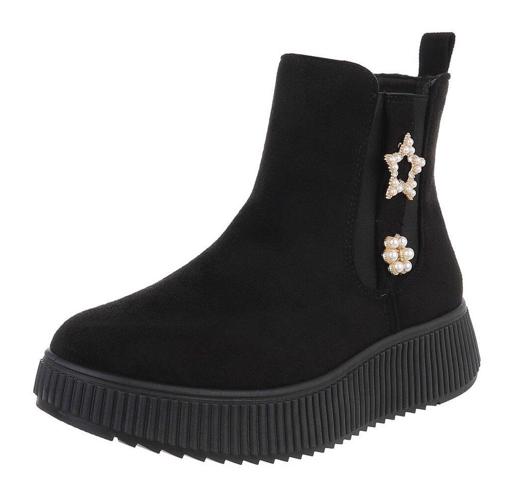 Ital-Design Eleganter Ankle-Boot mit Dekoration und hohem Tragekomfort Plateaustiefelette (90458014) Keilabsatz/Wedge Stiefeletten in Schwarz