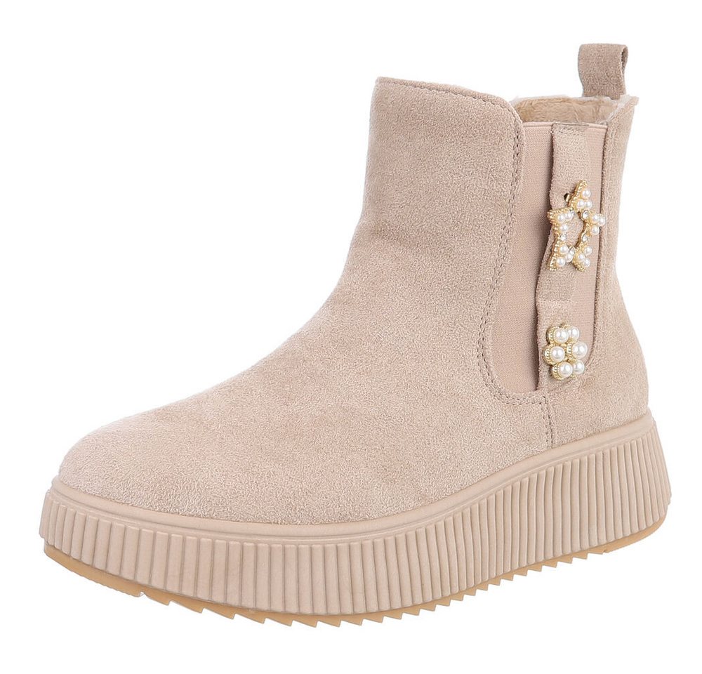 Ital-Design Eleganter Ankle-Boot mit Dekoration und hohem Tragekomfort Plateaustiefelette (90458021) Keilabsatz/Wedge Stiefeletten in Beige